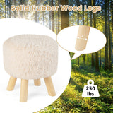 Round Footstool Ottoman Faux Fur Footrest with Padded Seat and Rubber Wood Legs-White