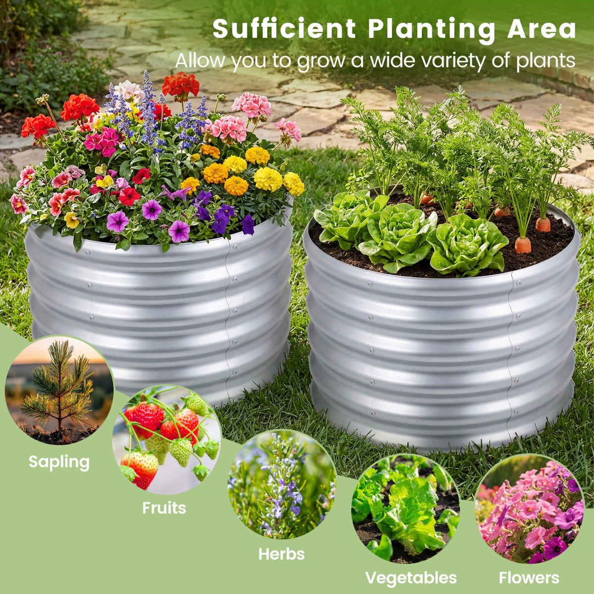 Round Galvanized Raised Garden Bed with Open-Ended Base-M