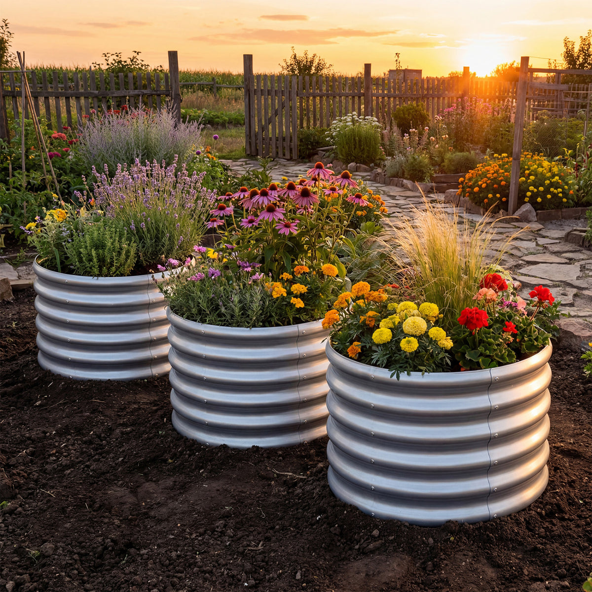 Round Galvanized Raised Garden Bed with Open-Ended Base-M
