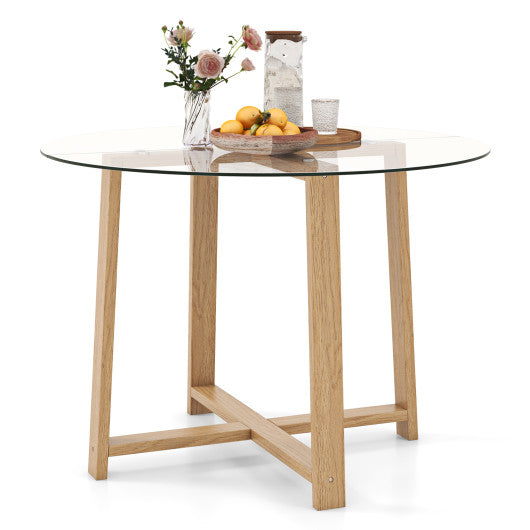 42 Inches Round Glass Dining Table with Tempered Glass Tabletop and Rubber Wood Legs-Natural