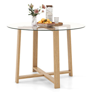 42 Inches Round Glass Dining Table with Tempered Glass Tabletop and Rubber Wood Legs-Natural