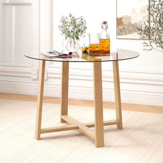 42 Inches Round Glass Dining Table with Tempered Glass Tabletop and Rubber Wood Legs-Natural