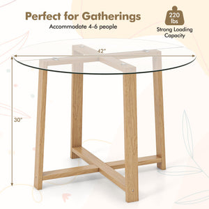 42 Inches Round Glass Dining Table with Tempered Glass Tabletop and Rubber Wood Legs-Natural