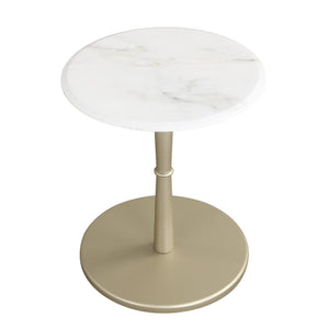 Round Marble Side Table with Stone Finish and Wooden Base for Small Spaces-White and Gold