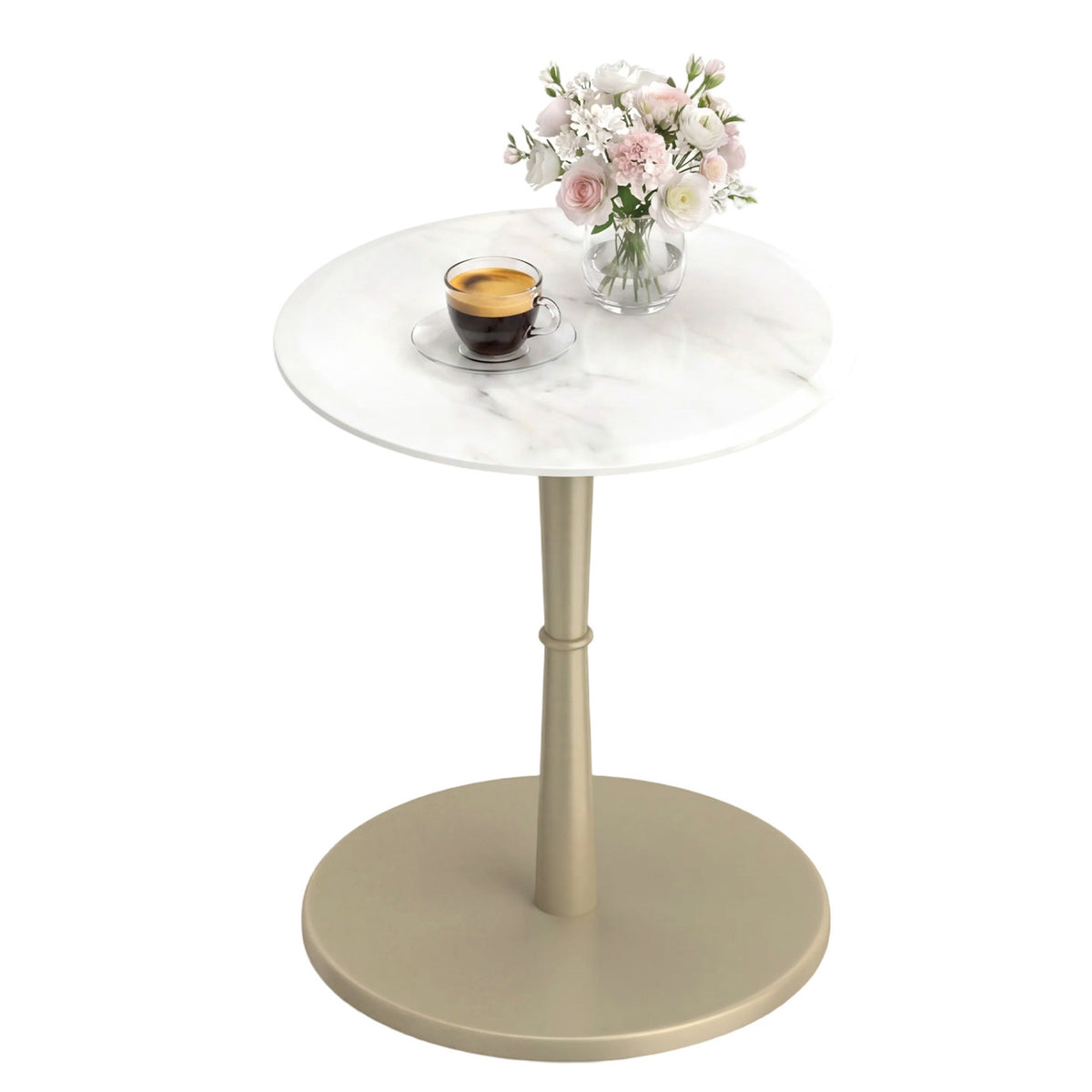 Round Marble Side Table with Stone Finish and Wooden Base for Small Spaces-White and Gold