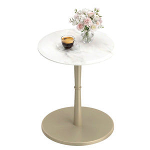 Round Marble Side Table with Stone Finish and Wooden Base for Small Spaces-White and Gold