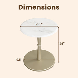 Round Marble Side Table with Stone Finish and Wooden Base for Small Spaces-White and Gold