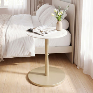 Round Marble Side Table with Stone Finish and Wooden Base for Small Spaces-White and Gold