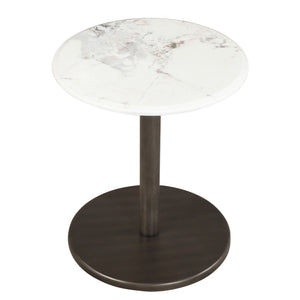 Round Marble Side Table Pedestal End Table with Stone Finish and Wooden-Black & White