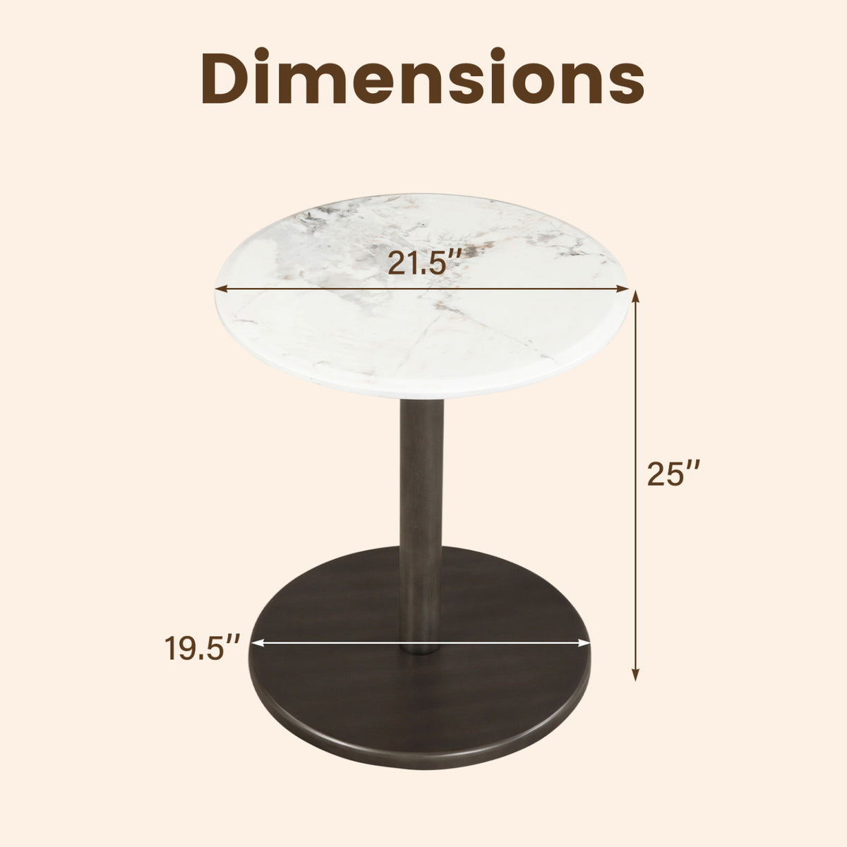 Round Marble Side Table Pedestal End Table with Stone Finish and Wooden-Black & White
