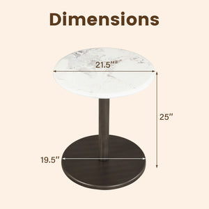 Round Marble Side Table Pedestal End Table with Stone Finish and Wooden-Black & White