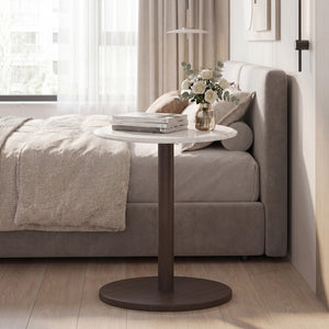 Round Marble Side Table Pedestal End Table with Stone Finish and Wooden-Black & White