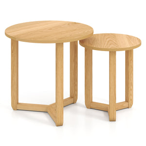 Round Nesting Coffee Table Set of 2 Wood Nesting End Tables with Thickened Top-Natural