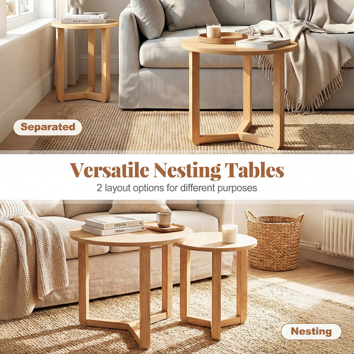 Round Nesting Coffee Table Set of 2 Wood Nesting End Tables with Thickened Top-Natural