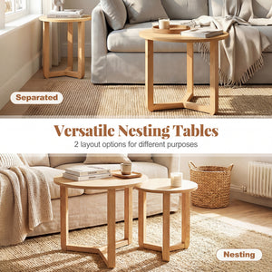 Round Nesting Coffee Table Set of 2 Wood Nesting End Tables with Thickened Top-Natural