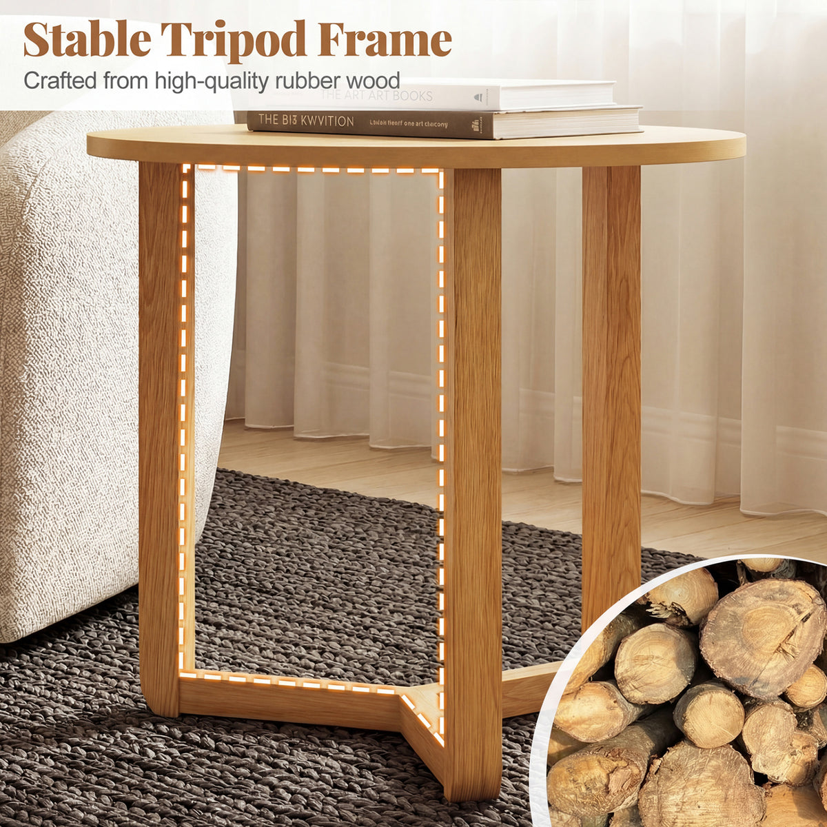 Round Nesting Coffee Table Set of 2 Wood Nesting End Tables with Thickened Top-Natural