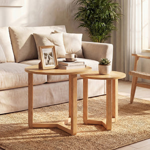 Round Nesting Coffee Table Set of 2 Wood Nesting End Tables with Thickened Top-Natural