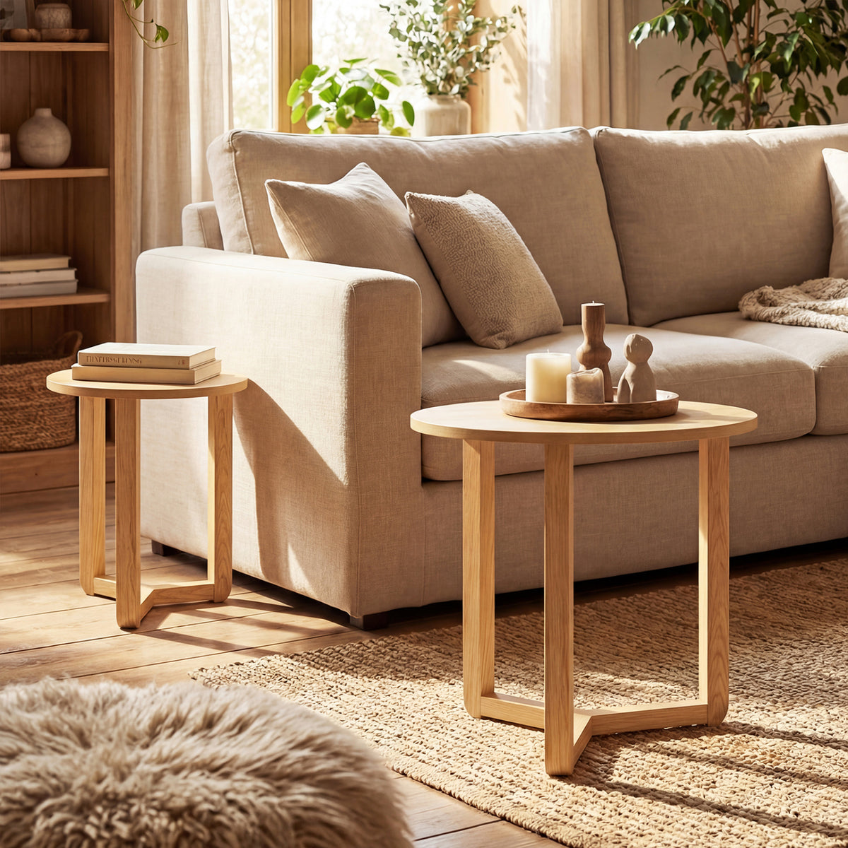 Round Nesting Coffee Table Set of 2 Wood Nesting End Tables with Thickened Top-Natural