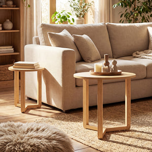 Round Nesting Coffee Table Set of 2 Wood Nesting End Tables with Thickened Top-Natural