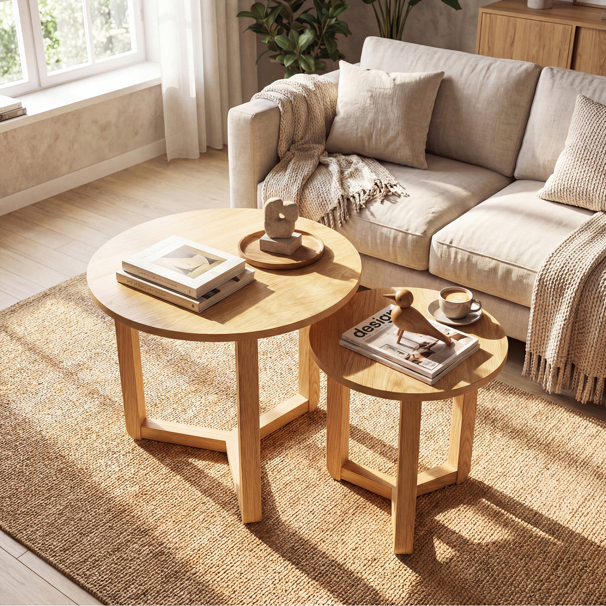 Round Nesting Coffee Table Set of 2 Wood Nesting End Tables with Thickened Top-Natural