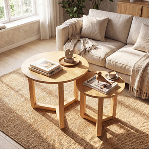 Round Nesting Coffee Table Set of 2 Wood Nesting End Tables with Thickened Top-Natural
