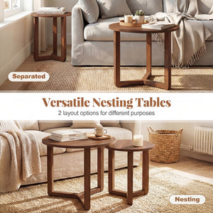 Round Nesting Coffee Table Set of 2 Wood Nesting End Tables with Thickened Top-Walnut