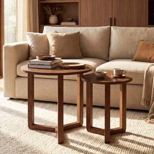 Round Nesting Coffee Table Set of 2 Wood Nesting End Tables with Thickened Top-Walnut