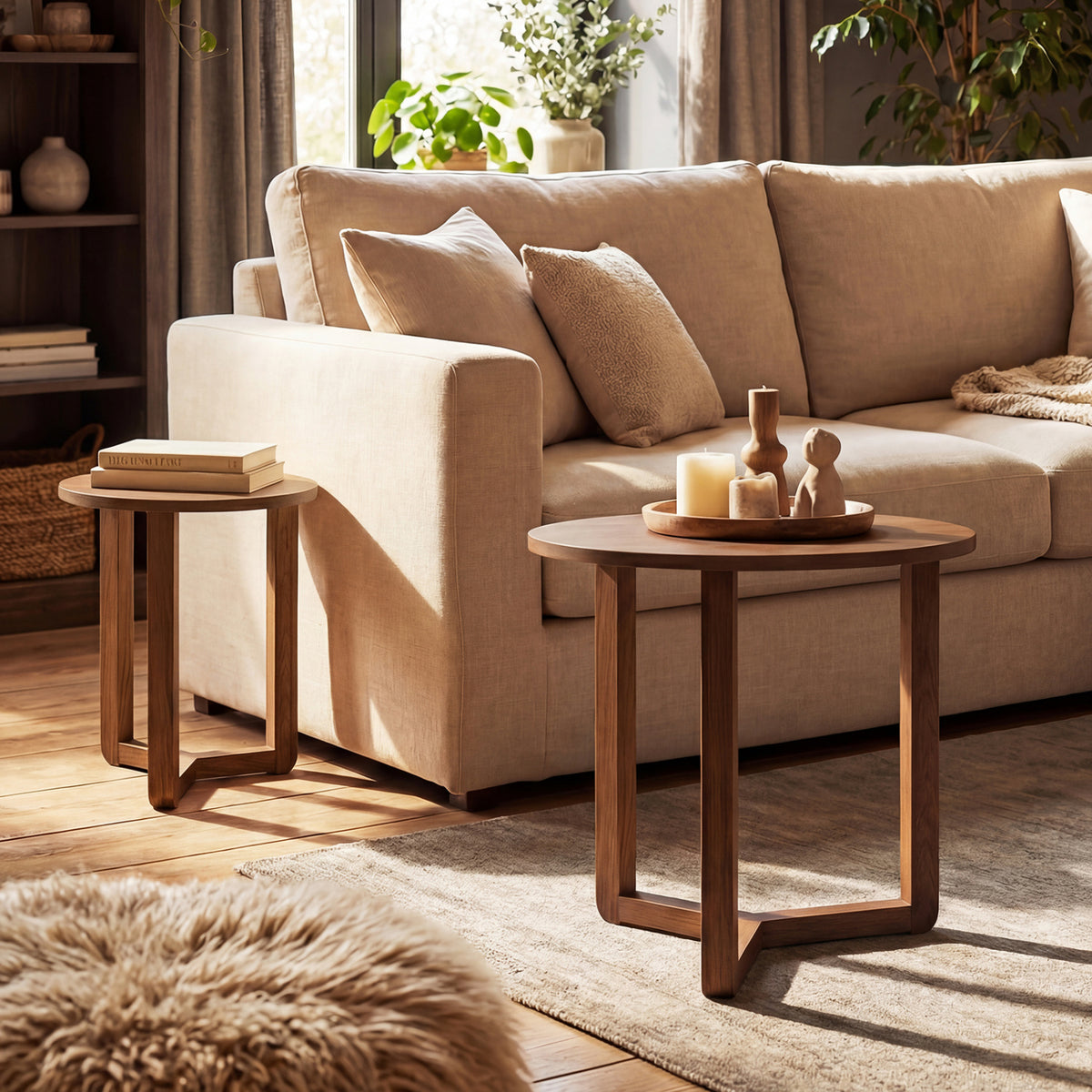 Round Nesting Coffee Table Set of 2 Wood Nesting End Tables with Thickened Top-Walnut