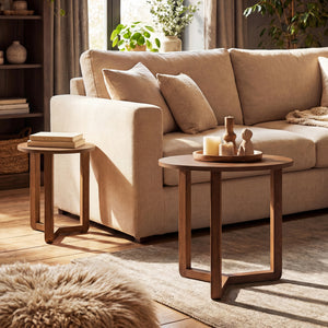 Round Nesting Coffee Table Set of 2 Wood Nesting End Tables with Thickened Top-Walnut