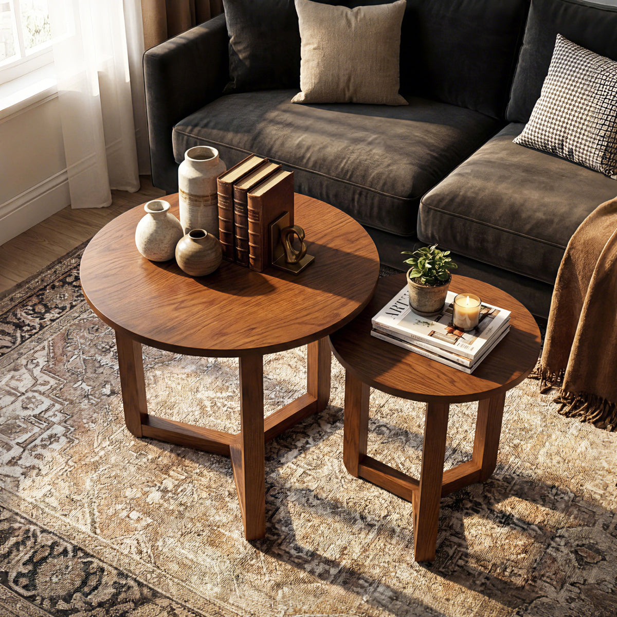 Round Nesting Coffee Table Set of 2 Wood Nesting End Tables with Thickened Top-Walnut