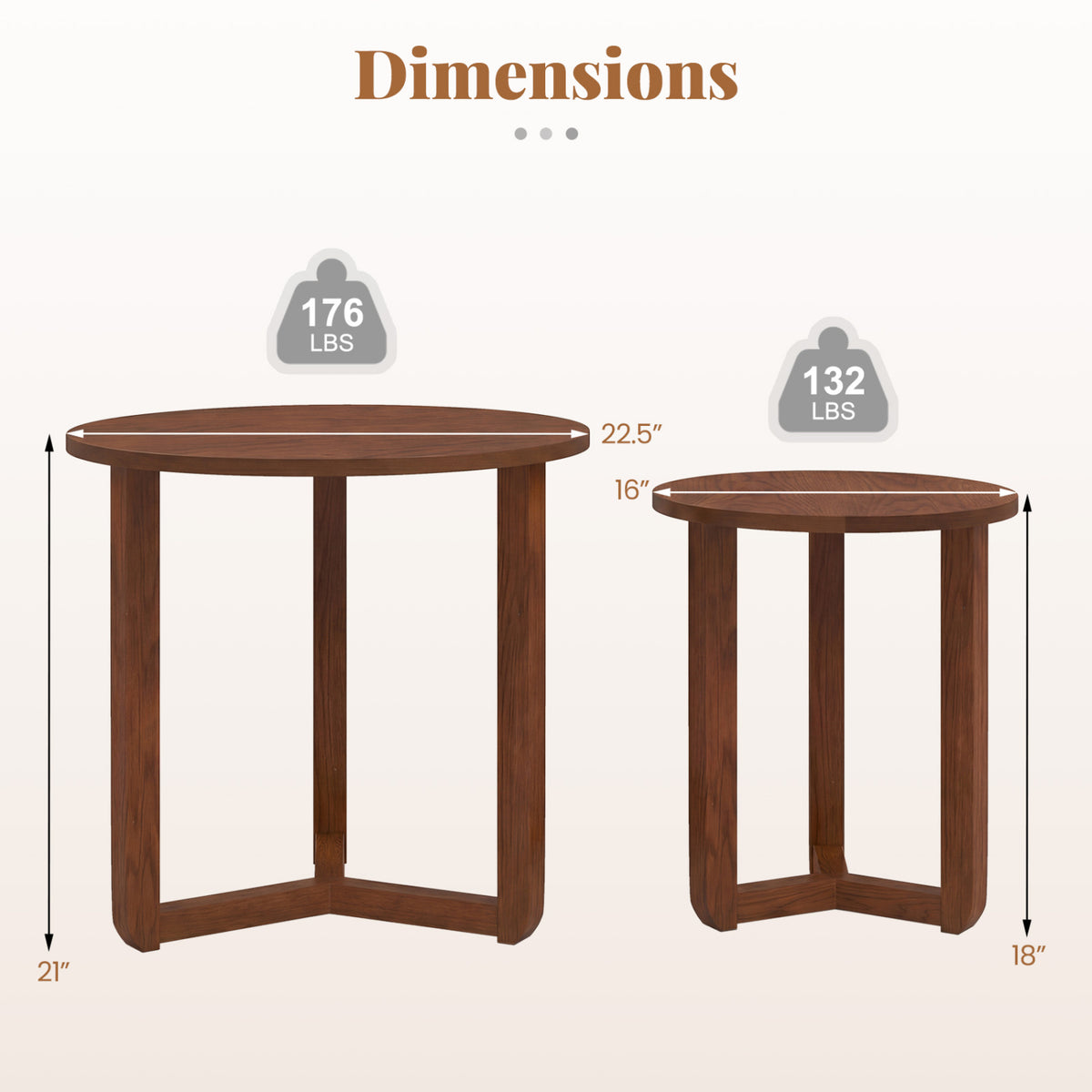 Round Nesting Coffee Table Set of 2 Wood Nesting End Tables with Thickened Top-Walnut