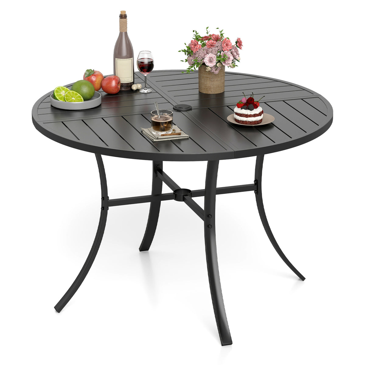 Round Patio Dining Table 42.5 Inch Metal Slat Table with Umbrella Hole-Black
