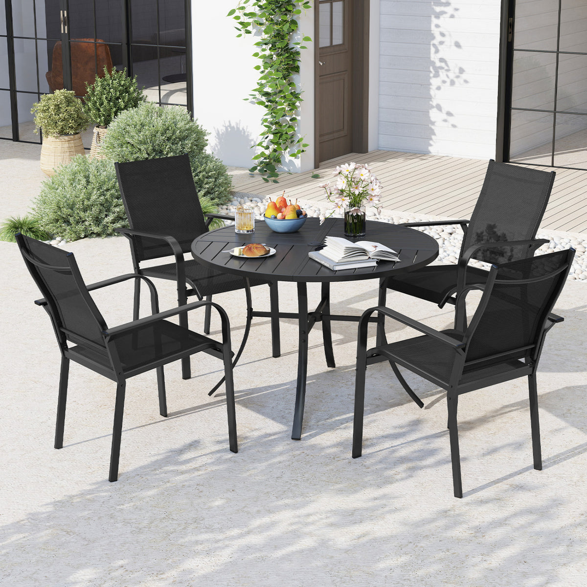 Round Patio Dining Table 42.5 Inch Metal Slat Table with Umbrella Hole-Black