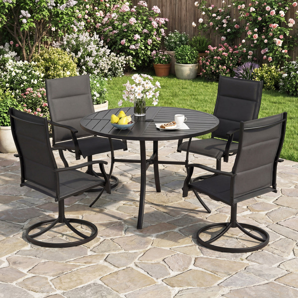 Round Patio Dining Table 42.5 Inch Metal Slat Table with Umbrella Hole-Black