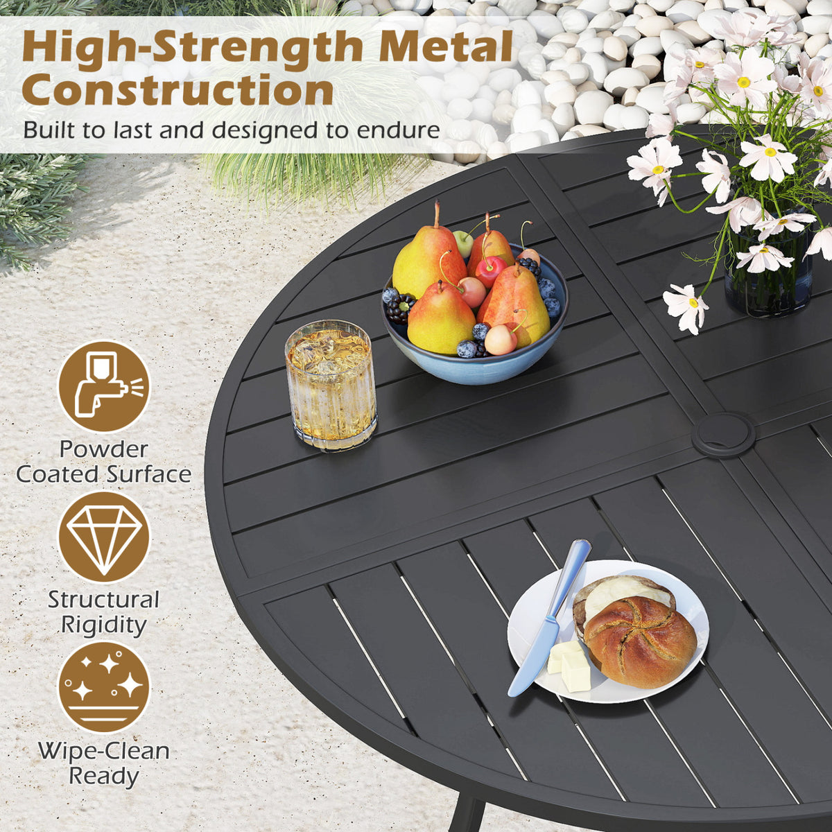 Round Patio Dining Table 42.5 Inch Metal Slat Table with Umbrella Hole-Black
