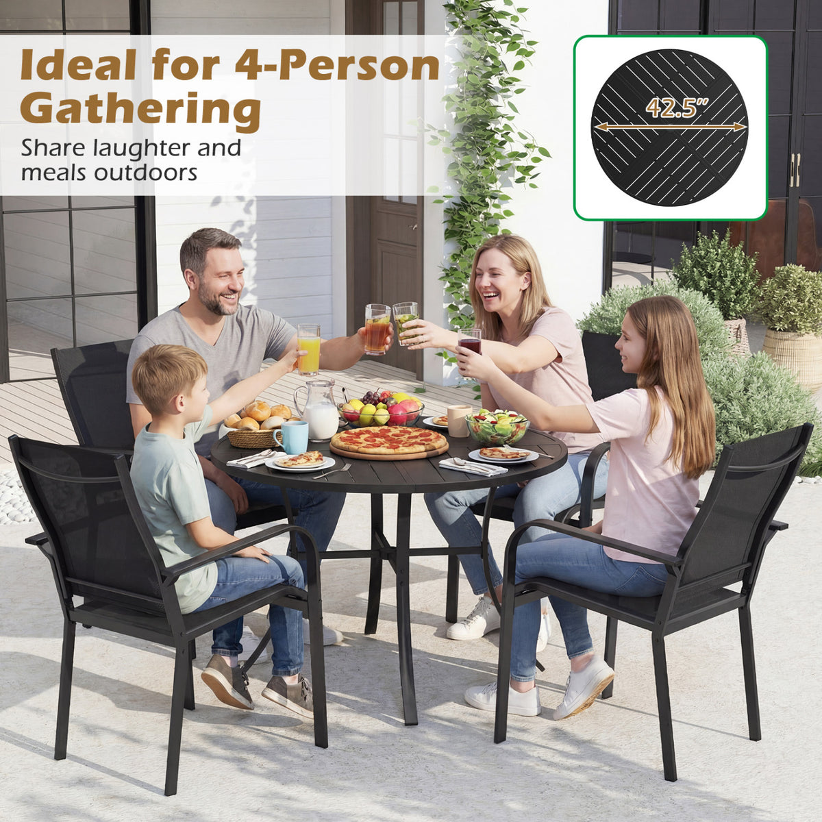 Round Patio Dining Table 42.5 Inch Metal Slat Table with Umbrella Hole-Black