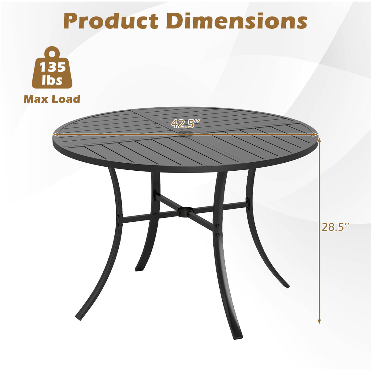 Round Patio Dining Table 42.5 Inch Metal Slat Table with Umbrella Hole-Black