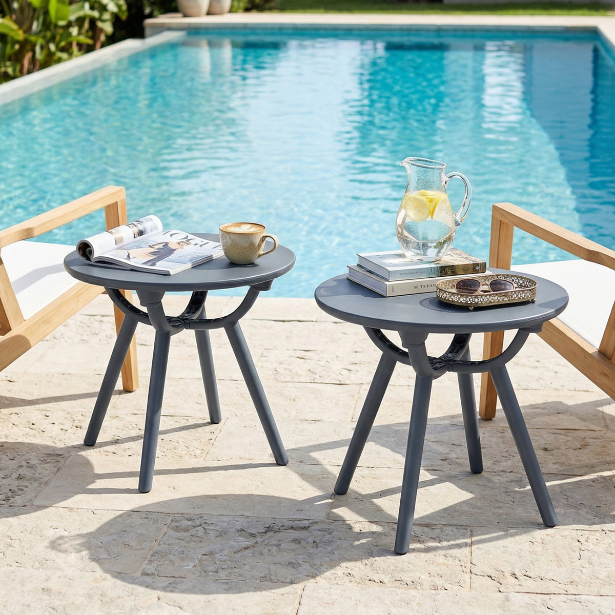 Round Patio Storage Side Table for Poolside and Balcony-set of 2