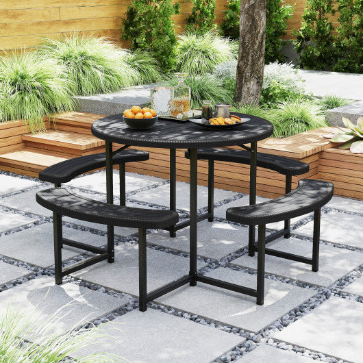 Round Picnic Table Bench Set with 4 Benches and Umbrella Hole for Patio Lawn-Black