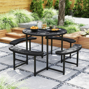 Round Picnic Table Bench Set with 4 Benches and Umbrella Hole for Patio Lawn-Black