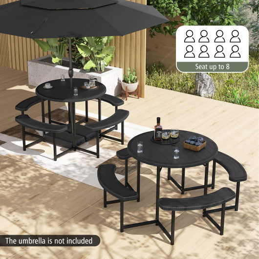 Round Picnic Table Bench Set with 4 Benches and Umbrella Hole for Patio Lawn-Black
