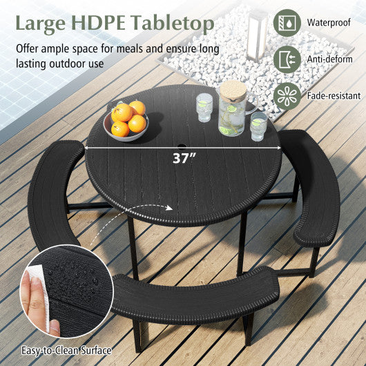 Round Picnic Table Bench Set with 4 Benches and Umbrella Hole for Patio Lawn-Gray