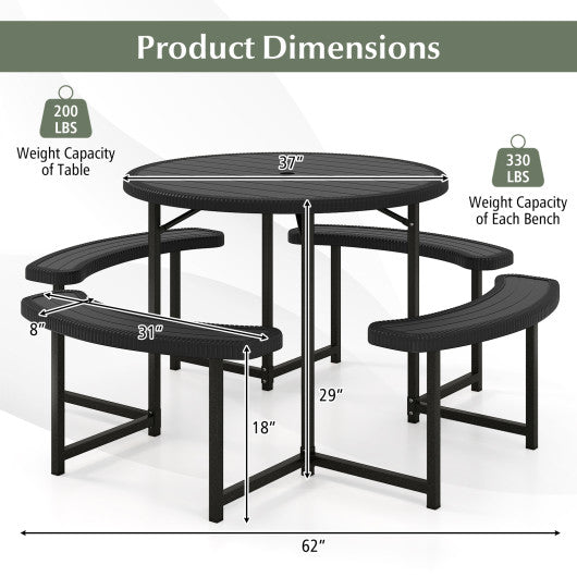 Round Picnic Table Bench Set with 4 Benches and Umbrella Hole for Patio Lawn-Black