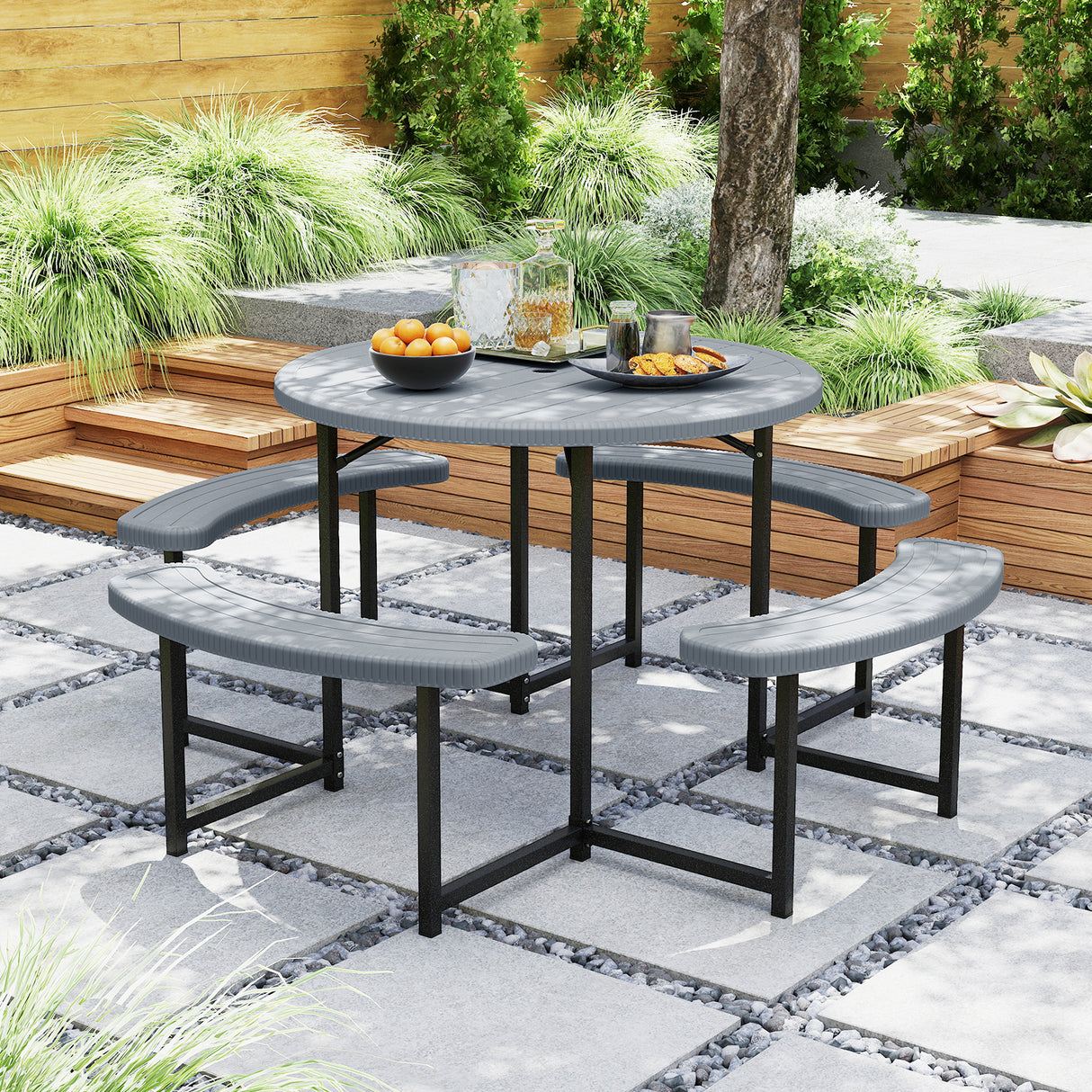 Round Picnic Table Bench Set with 4 Benches and Umbrella Hole for Patio Lawn-Gray