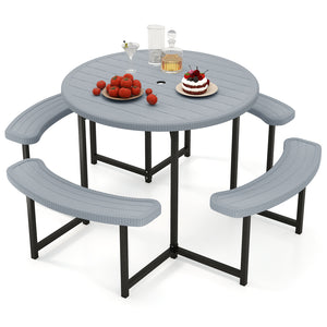 Round Picnic Table Bench Set with 4 Benches and Umbrella Hole for Patio Lawn-Gray