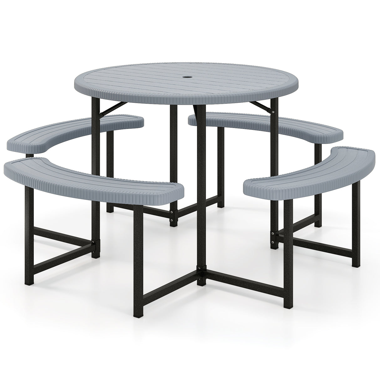 Round Picnic Table Bench Set with 4 Benches and Umbrella Hole for Patio Lawn-Gray