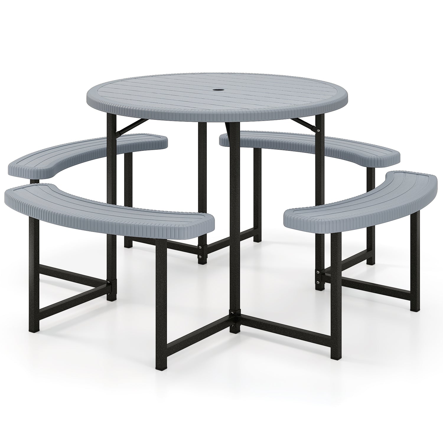 Round Picnic Table Bench Set with 4 Benches and Umbrella Hole for Patio Lawn-Gray