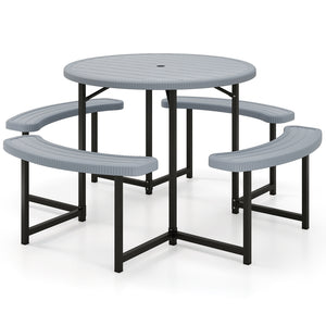 Round Picnic Table Bench Set with 4 Benches and Umbrella Hole for Patio Lawn-Gray