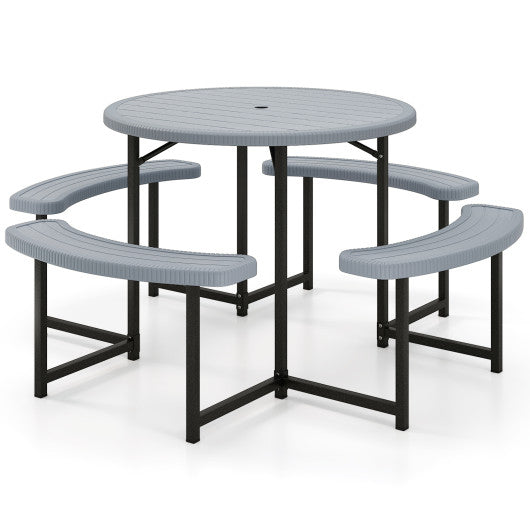 Round Picnic Table Bench Set with 4 Benches and Umbrella Hole for Patio Lawn-Gray
