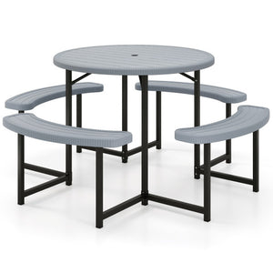 Round Picnic Table Bench Set with 4 Benches and Umbrella Hole for Patio Lawn-Gray